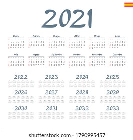 Spanish calendar 2021 - 2033 on white background, week starts on Sunday