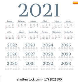 Spanish calendar 2021 - 2033 on white background, week starts on Sunday