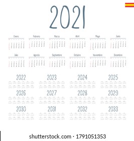Spanish calendar 2021 - 2033 on white background, week starts on Sunday
