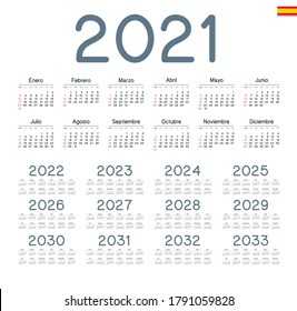 Spanish calendar 2021 - 2033 on white background, week starts on Sunday