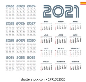 Spanish calendar 2021 - 2033 on white background, week starts on Sunday