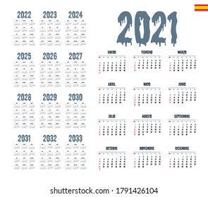 Spanish calendar 2021 - 2033 on white background, week starts on Sunday
