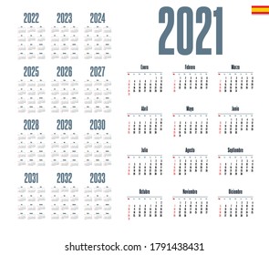 Spanish calendar 2021 - 2033 on white background, week starts on Sunday