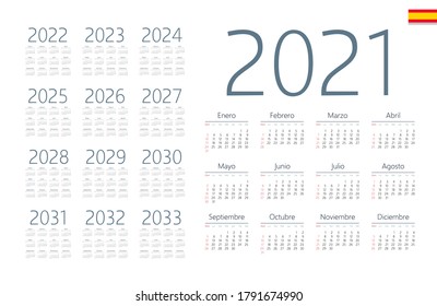 Spanish calendar 2021 - 2033 on white background, week starts on Sunday