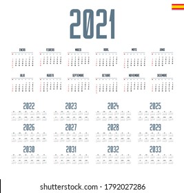 Spanish calendar 2021 - 2033 on white background, week starts on Sunday