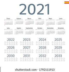 Spanish calendar 2021 - 2033 on white background, week starts on Sunday