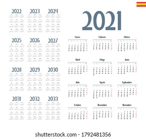 Spanish calendar 2021 - 2033 on white background. Vector illustration