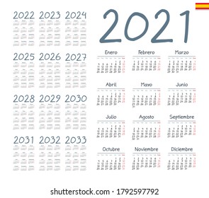Spanish calendar 2021 - 2033 on white background. Vector illustration