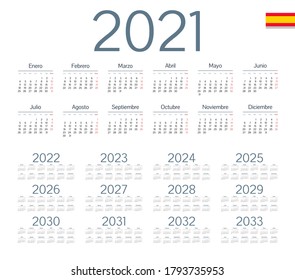 Spanish calendar 2021 - 2033 on white background. Vector illustration