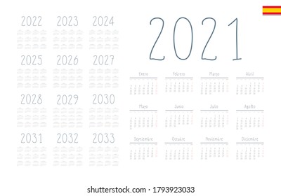 Spanish calendar 2021 - 2033 on white background. Vector illustration