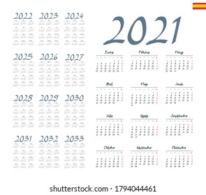 Spanish calendar 2021 - 2033 on white background. Vector illustration