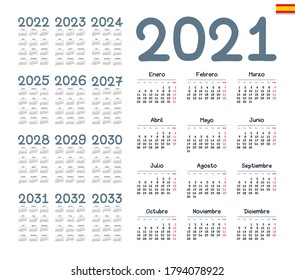 Spanish calendar 2021 - 2033 on white background. Vector illustration