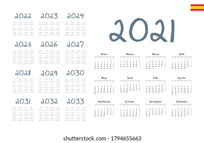 Spanish calendar 2021 - 2033 on white background. Vector illustration