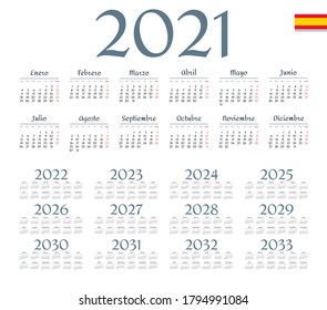 Spanish calendar 2021 - 2033 on white background. Vector illustration
