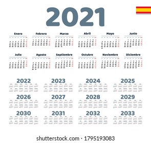 Spanish calendar 2021 - 2033 on white background. Vector illustration