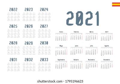 Spanish calendar 2021 - 2033 on white background. Vector illustration