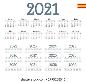 Spanish calendar 2021 - 2033 on white background. Vector illustration