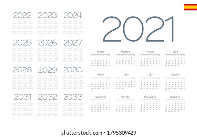 Spanish calendar 2021 - 2033 on white background. Vector illustration