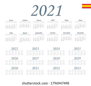 Spanish calendar 2021 - 2033 on white background. Vector illustration