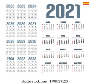Spanish calendar 2021 - 2033 on white background, week starts on Sunday
