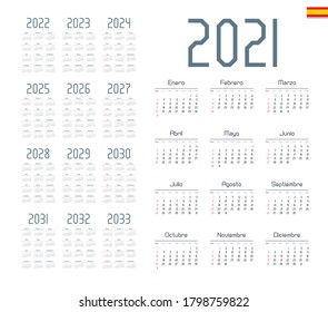 Spanish calendar 2021 - 2033 on white background, week starts on Sunday