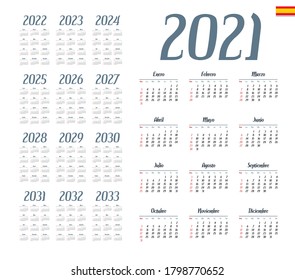 Spanish calendar 2021 - 2033 on white background, week starts on Sunday