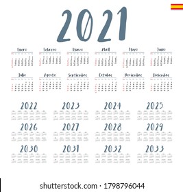 Spanish calendar 2021 - 2033 on white background, week starts on Sunday