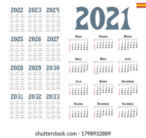 Spanish calendar 2021 - 2033 on white background, week starts on Sunday