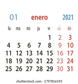 Spanish calendar 2021, week starts on Monday, simple calendar template for 2021, printable calendar templates, vector illustration.Yearly planner  in minimal design. 