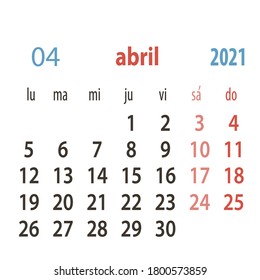 Spanish calendar 2021, week starts on Monday, simple calendar template for 2021, printable calendar templates, vector illustration.Yearly planner  in minimal design. 