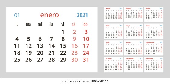 Spanish calendar 2021, week starts on Monday, simple calendar template for 2021, printable calendar templates, vector illustration.Yearly planner  in minimal design. 