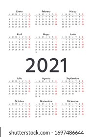 Spanish Calendar 2021 year. Vector. Week starts Monday. Simple template of pocket or wall Spain calenders. Portrait vertical orientation. Yearly stationery organizer in minimal design. Illustration.