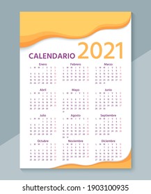 Spanish Calendar 2021 year. Vector. Week starts Monday. Simple template of wall Spain calender. Stationery layout with 12 months. Yearly organizer. Portrait vertical orientation. Illustration.