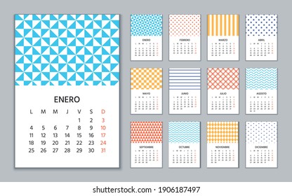 Calendario Español 2021 año. La semana empieza el lunes. Plantilla de pared de calénder español. Diseño de diseño de estilo con 12 meses. Organizador anual en español. Ilustración vectorial. Orientación vertical vertical