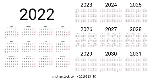 Calendario español 2022, 2023, 2024, 2025, 2026, 2027, 2028, 2029, 2030, 2031 años. Vector. La semana empieza el lunes. Plantilla de calendario española. Cuadrícula anual. Organizador de escritorio en blanco. Ilustración simple.