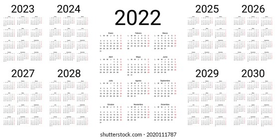 Spanish Calendar  2022, 2023, 2024, 2025, 2026, 2027, 2028, 2029 years. Vector. Week starts Monday. Template pocket or wall Spain calenders. Desk organizer. Portrait vertical orientation. Illustration svg