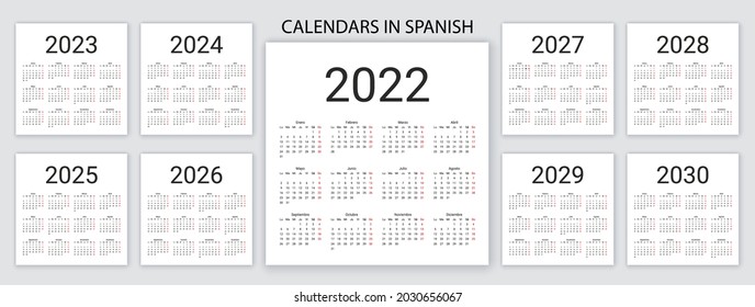 Calendario Español 2022, 2023, 2024, 2025, 2026, 2027, 2028, 2029, 2030 años. Vector. La semana empieza el lunes. Plantilla de calendario española. Organizador de escritorio. Cuadrícula anual en blanco. Ilustración simple.