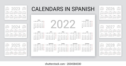 Spanish calendar 2022, 2023, 2024, 2025, 2026, 2027, 2028 years. Vector. Desk organizer. Week starts Monday. Template pocket or wall Spain calenders. Landscape horizontal orientation. Illustration svg