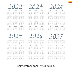 Spanish calendar 2022 - 2027 on white background, week starts on Monday