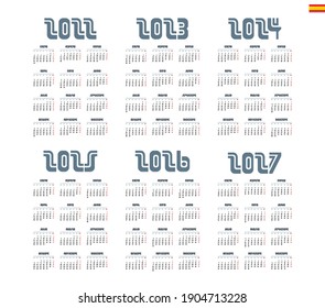 Spanish calendar 2022 - 2027 on white background, week starts on Monday