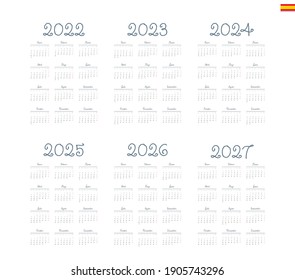 Spanish calendar 2022 - 2027 on white background, week starts on Monday