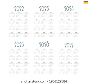 Spanish calendar 2022 - 2027 on white background, week starts on Monday