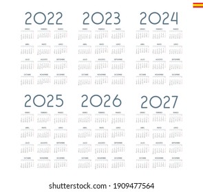 Spanish calendar 2022 - 2027 on white background, week starts on Monday