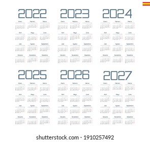 Spanish calendar 2022 - 2027 on white background, week starts on Monday