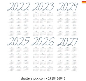 Spanish calendar 2022 - 2027 on white background, week starts on Monday