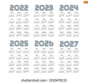 Spanish calendar 2022 - 2027 on white background, week starts on Monday