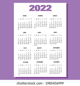 
Spanish calendar for 2022. Calendar for 2022 in Spanish. Week starts on Monday. vertical editable vector template. Eps 10. A4, A3. Calendario español para 2022. 