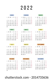 Spanish calendar 2022 year. Vector stationery calendar week starts Monday. Yearly organizer. Simple calendar template in minimal design. Business illustration.
