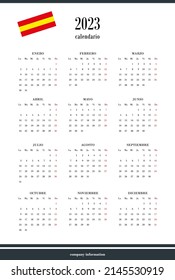 Spanish calendar for 2023. 12 months on one page. Weekend start from Monday. Clean and transparent style. Monochrome Calendar Layout. Red Sunday.