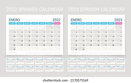 Spanish calendar for 2023 2022 year. Planner template. Week starts Monday. Desk schedule grid. Calender layout with 12 month. Yearly stationery organizer. Horizontal monthly diary. Vector illustration